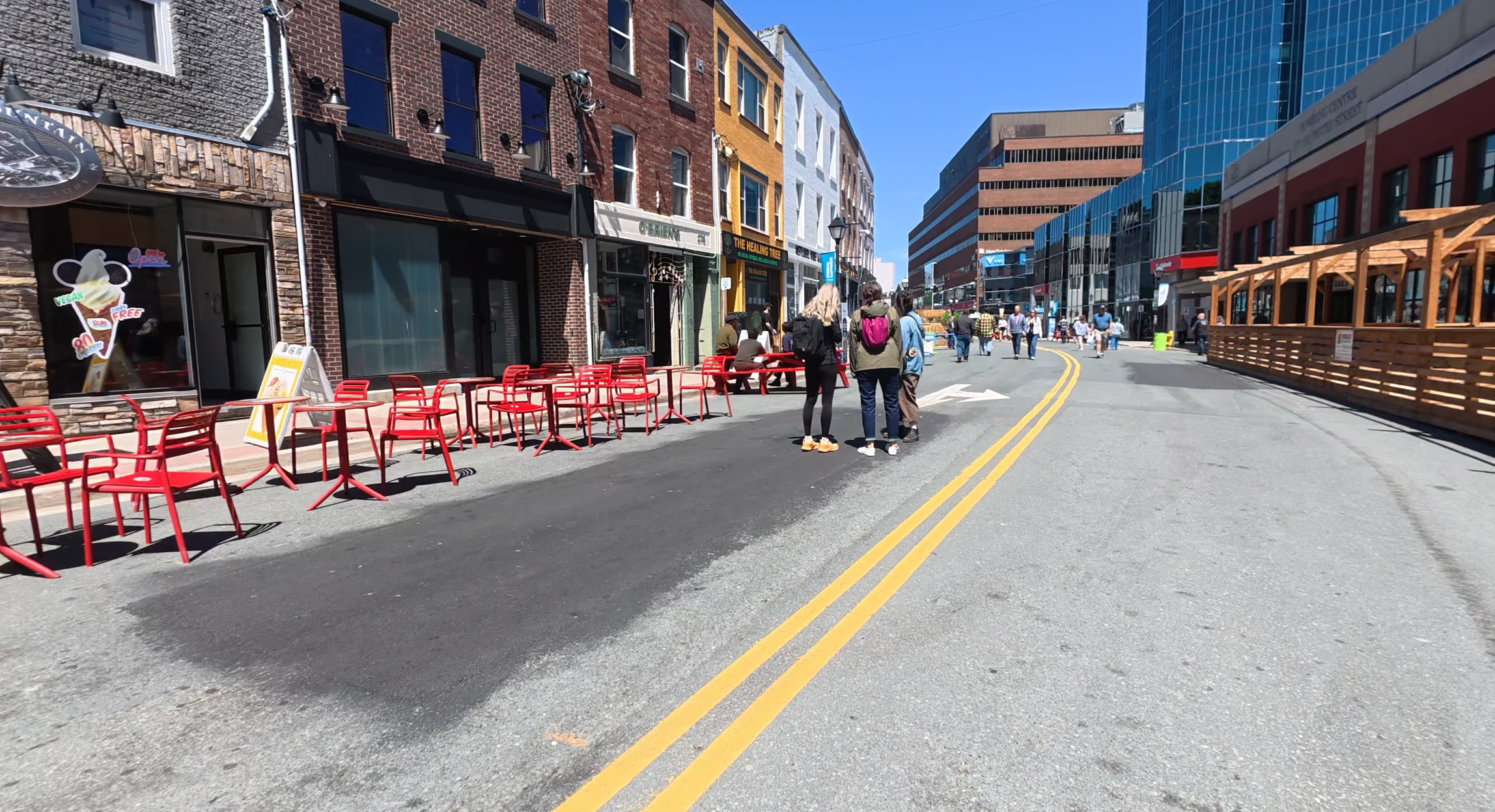 Downtown St. John's pedestrian mall with patio seating on Water Street